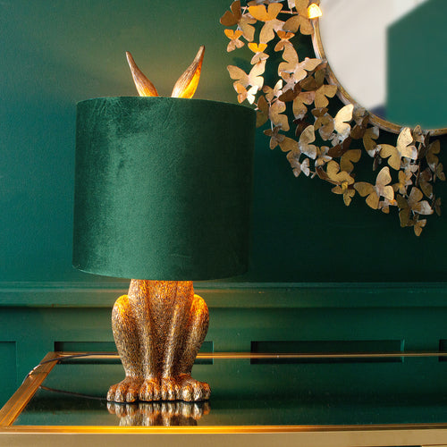 Antique Gold Rabbit Table Lamp | Green Velvet Shade
