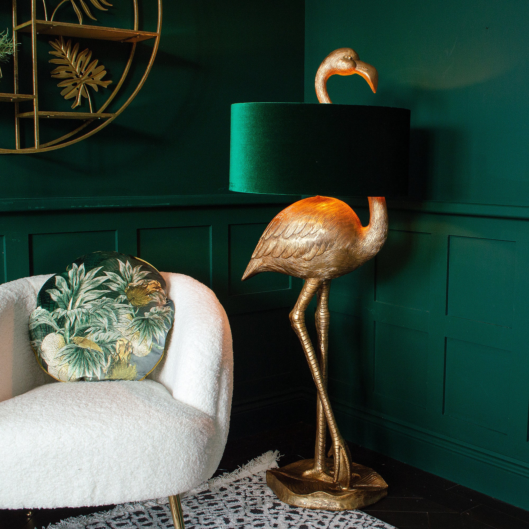Flamingo Floor Lamp | Green Velvet Shade