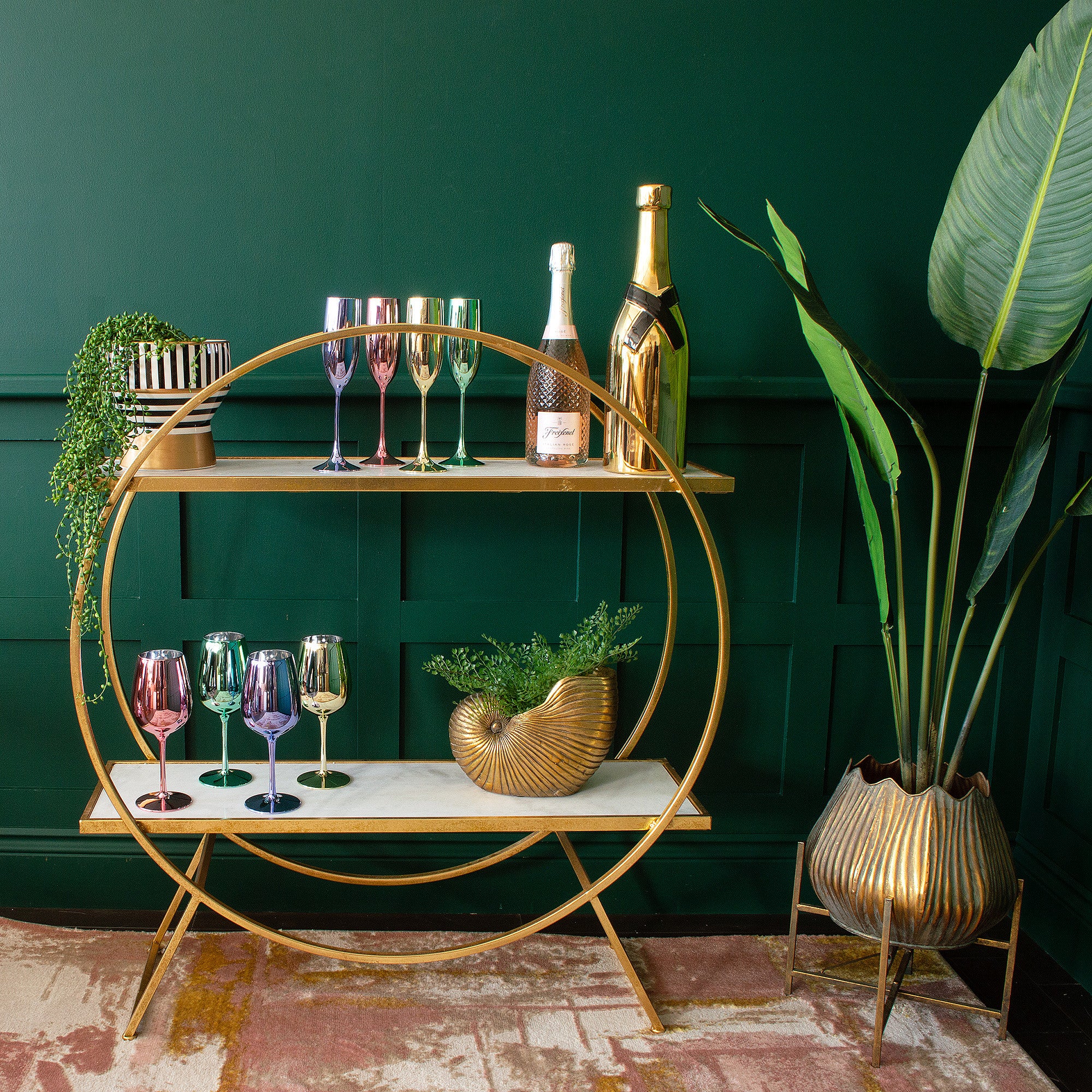 Glamorous Gold Round Drinks Stand | Marble Shelves