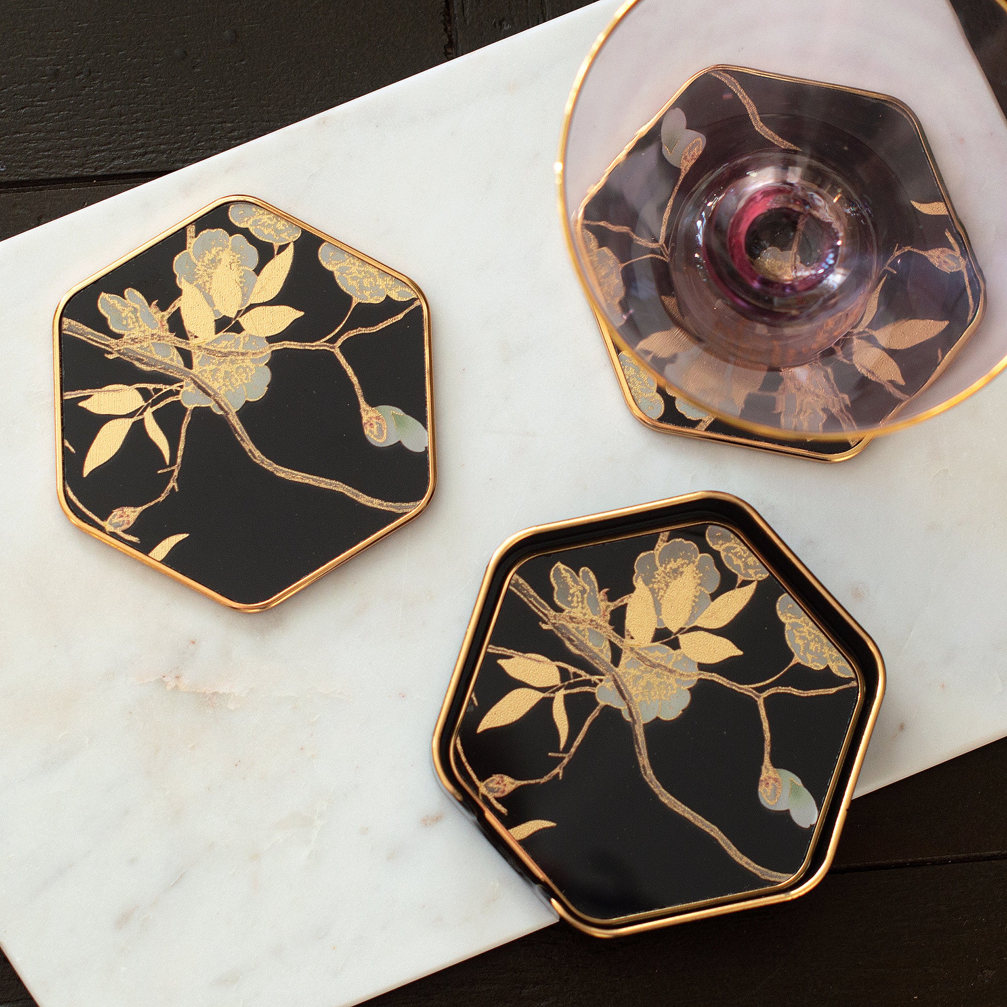 Black and Gold Blossom Coasters | Set of 4