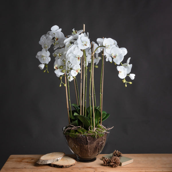 Elegant Faux Orchid in Glass Bowl
