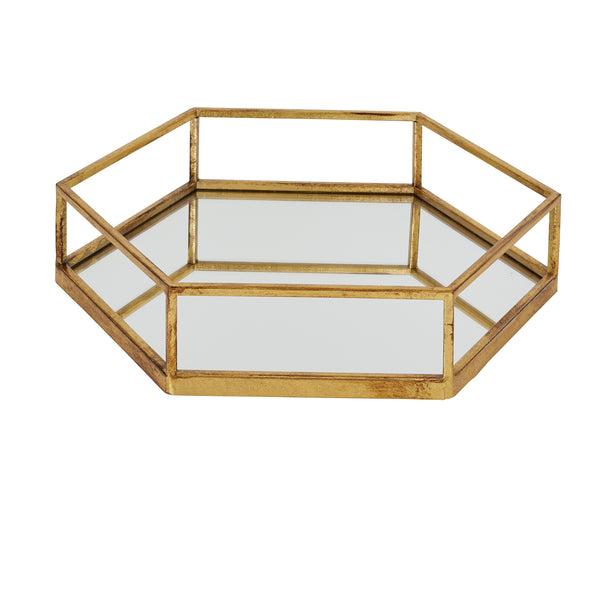 Set of Two Hexagonal Gold Metal Trays with Mirrored Base