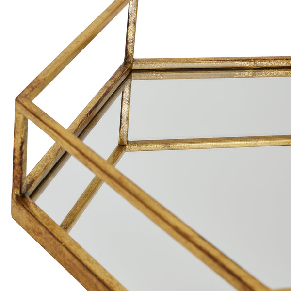 Set of Two Hexagonal Gold Metal Trays with Mirrored Base