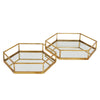 Set of Two Hexagonal Gold Metal Trays with Mirrored Base