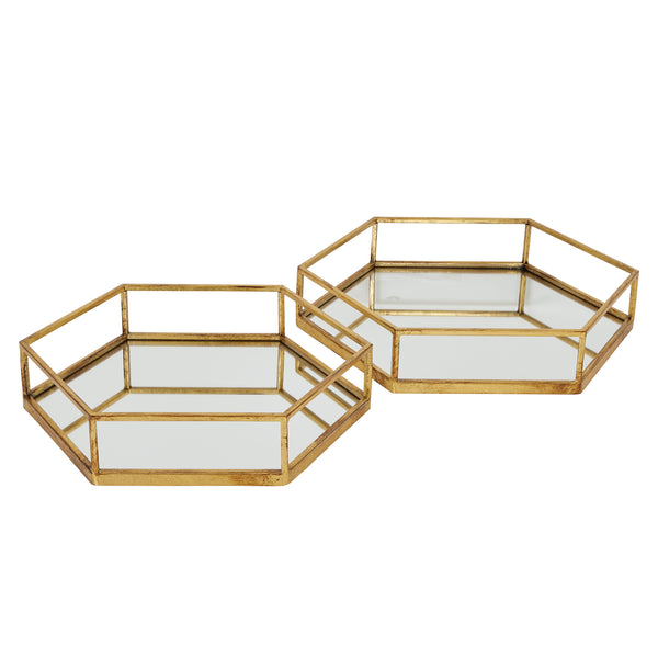 Set of Two Hexagonal Gold Metal Trays with Mirrored Base