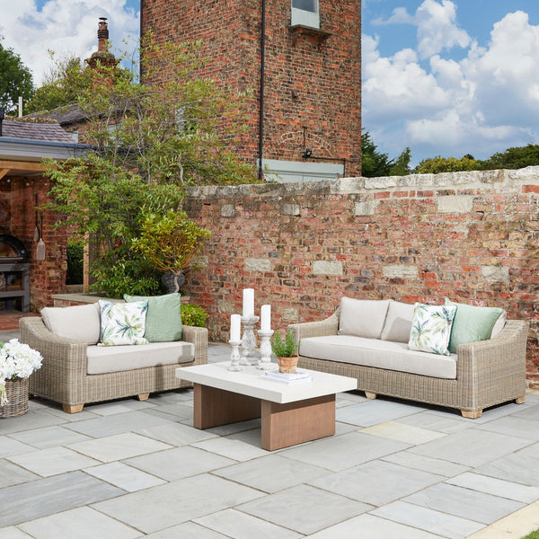 Woven Rattan-Effect 2-Seater Sofa with Cushions & Metal Tone Base