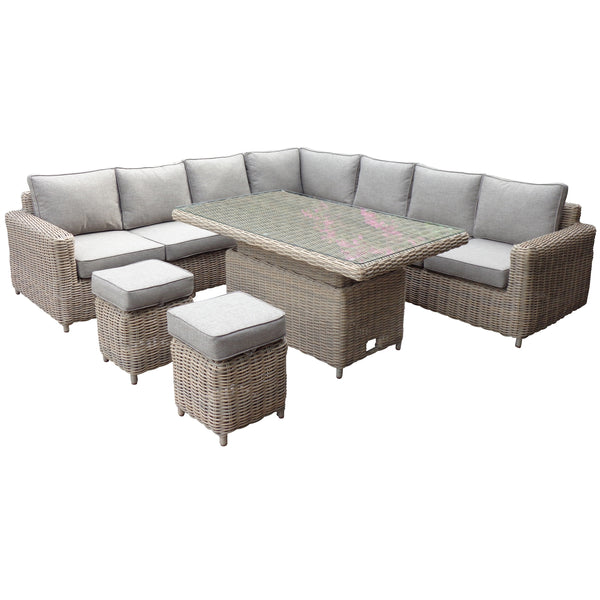 Glass-Topped Rattan Corner Sofa with Ottomans