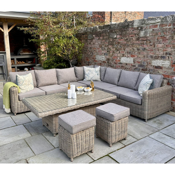 Glass-Topped Rattan Corner Sofa with Ottomans