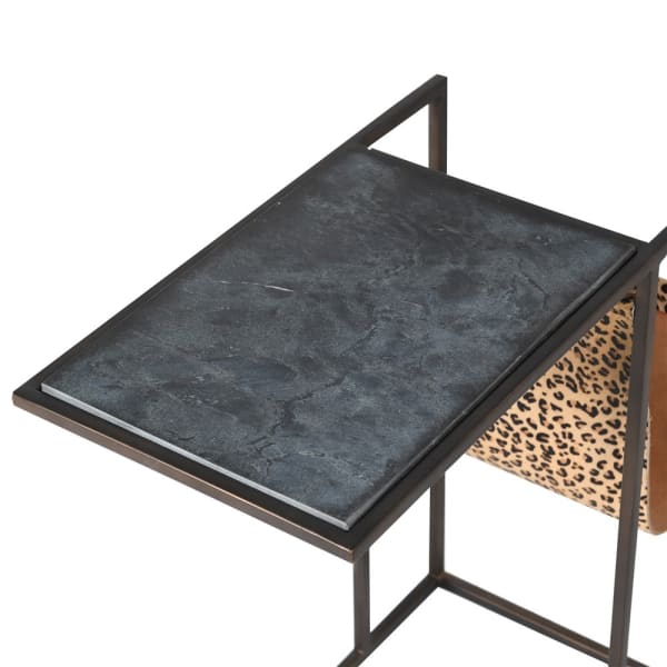 Black Marble Side Table with Leopard Print Magazine Holder