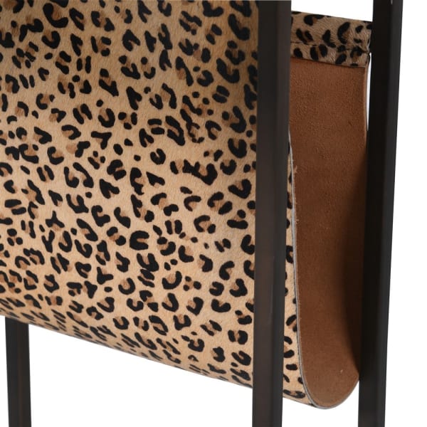 Black Marble Side Table with Leopard Print Magazine Holder