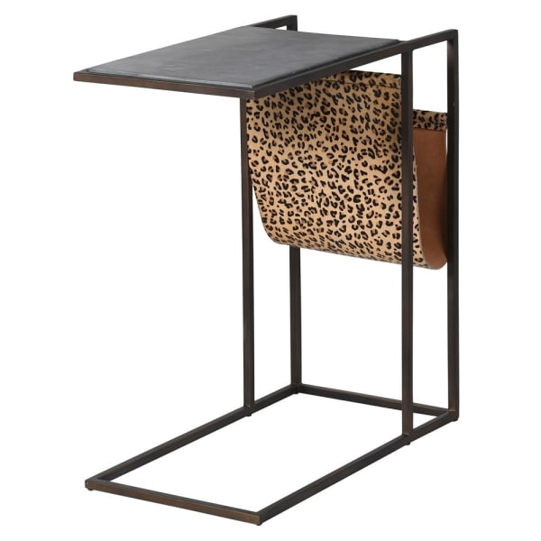 Black Marble Side Table with Leopard Print Magazine Holder