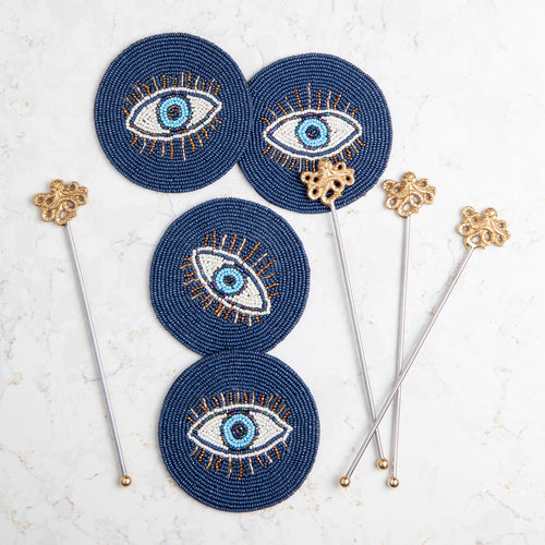 Beaded Blue Evil Eye Drink Coasters | Set of 4