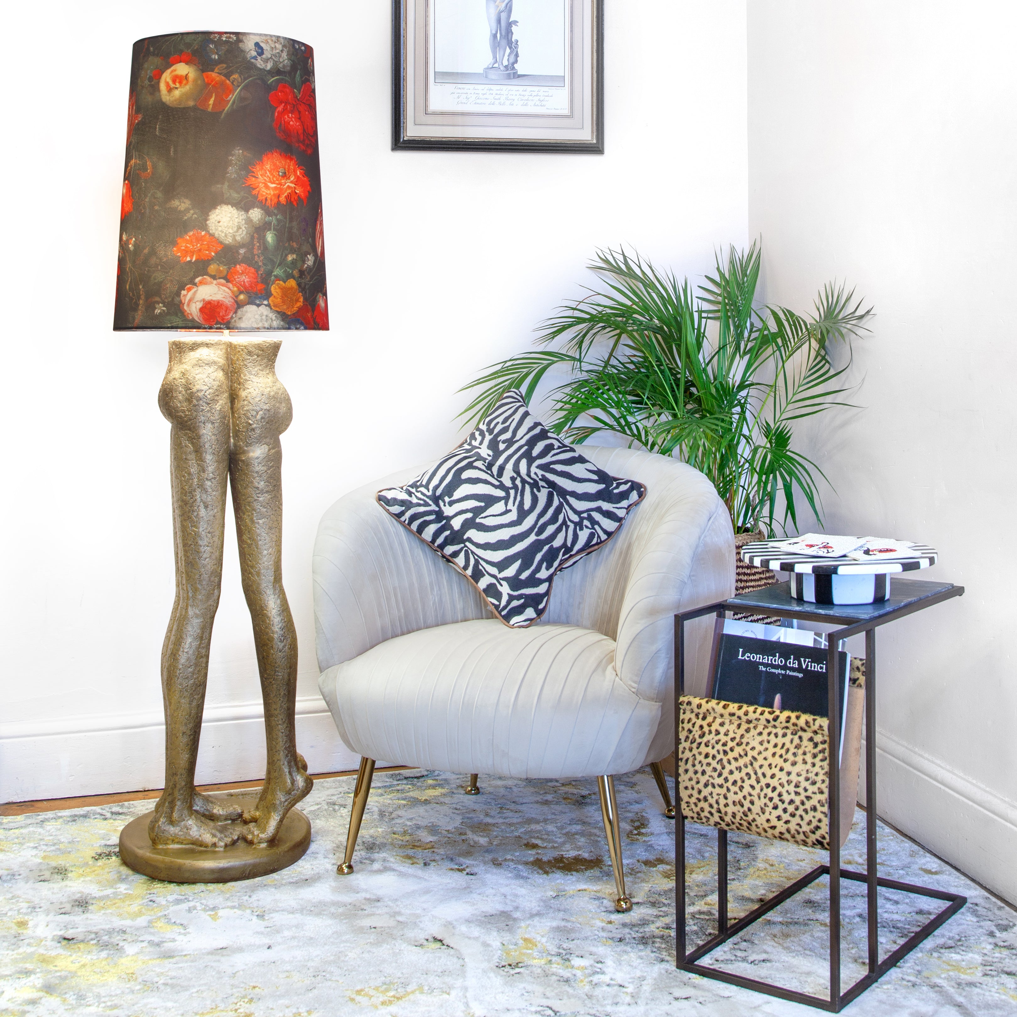 Black Marble Side Table with Leopard Print Magazine Holder