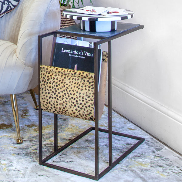 Black Marble Side Table with Leopard Print Magazine Holder