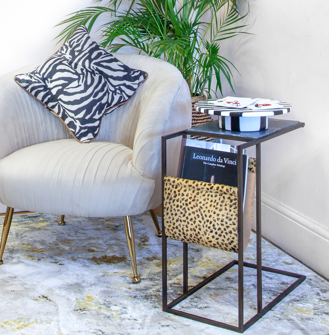 Black Marble Side Table with Leopard Print Magazine Holder
