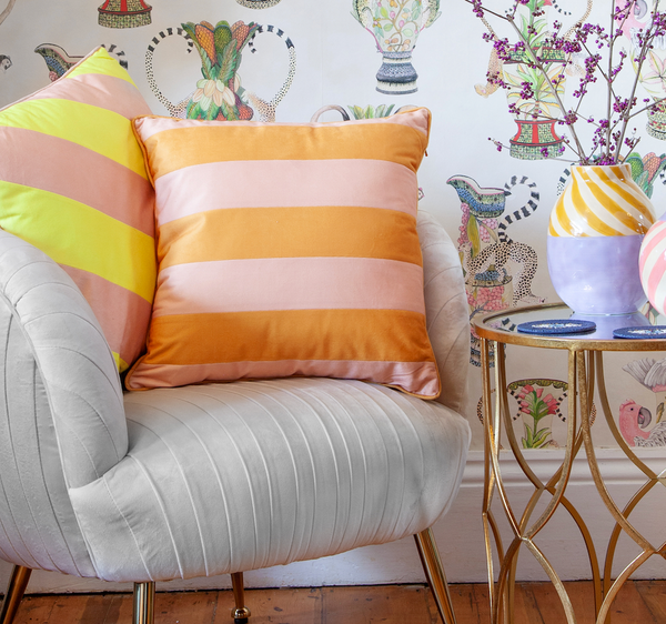 Cabana Striped Pink and Orange Velvet Cushion Image
