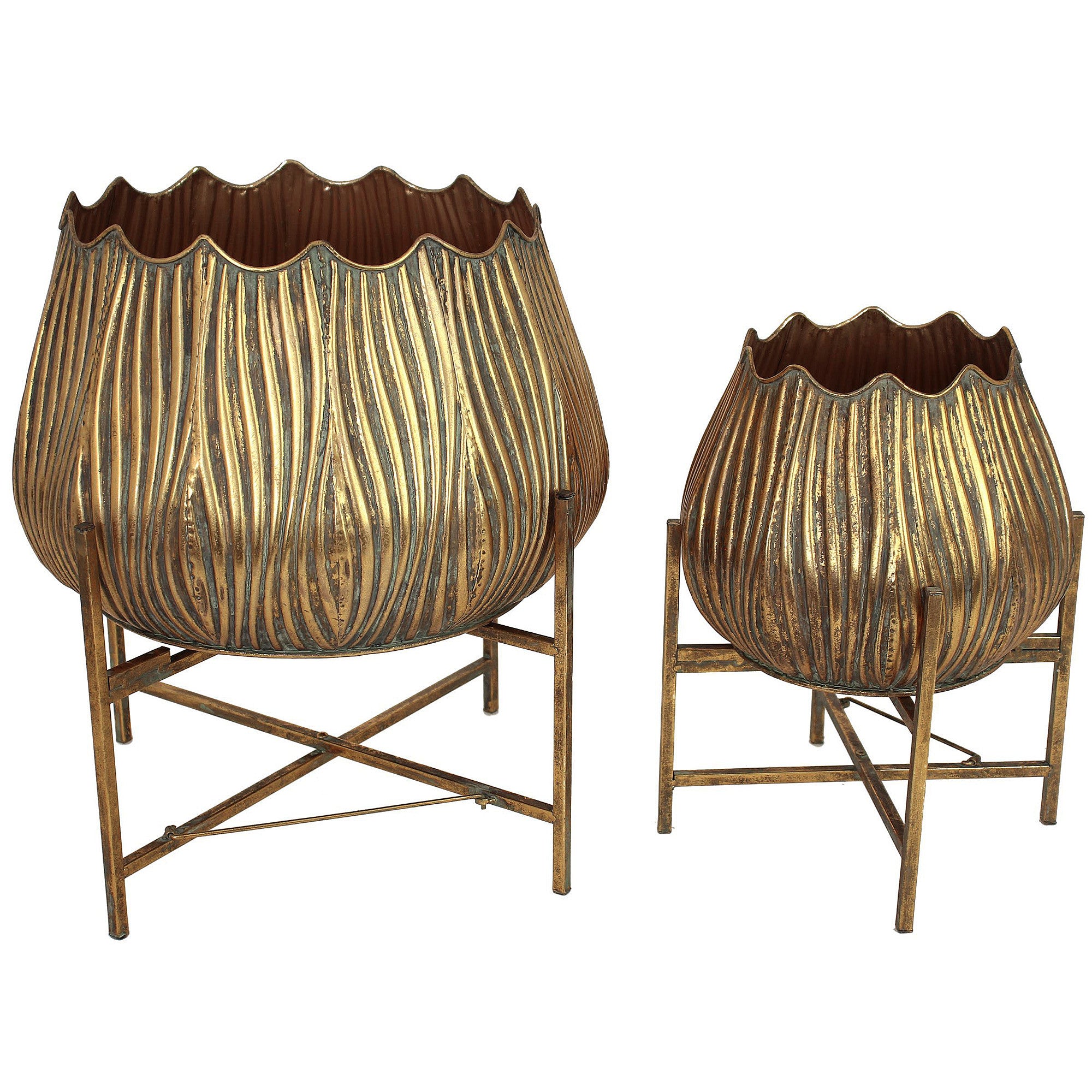 Antique Gold Tulip Planters on Stand | Set of 2