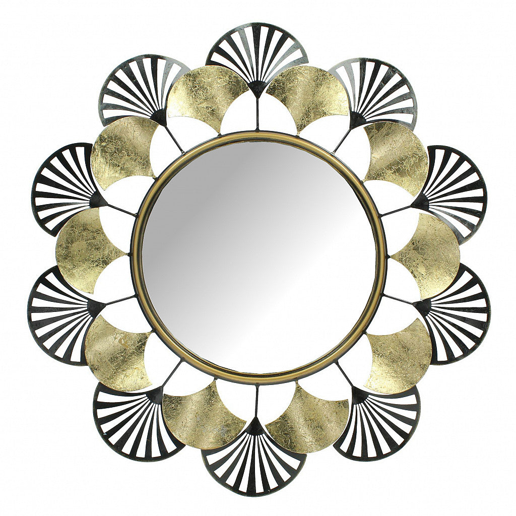 Black & Gold Round Metal Flower Mirror