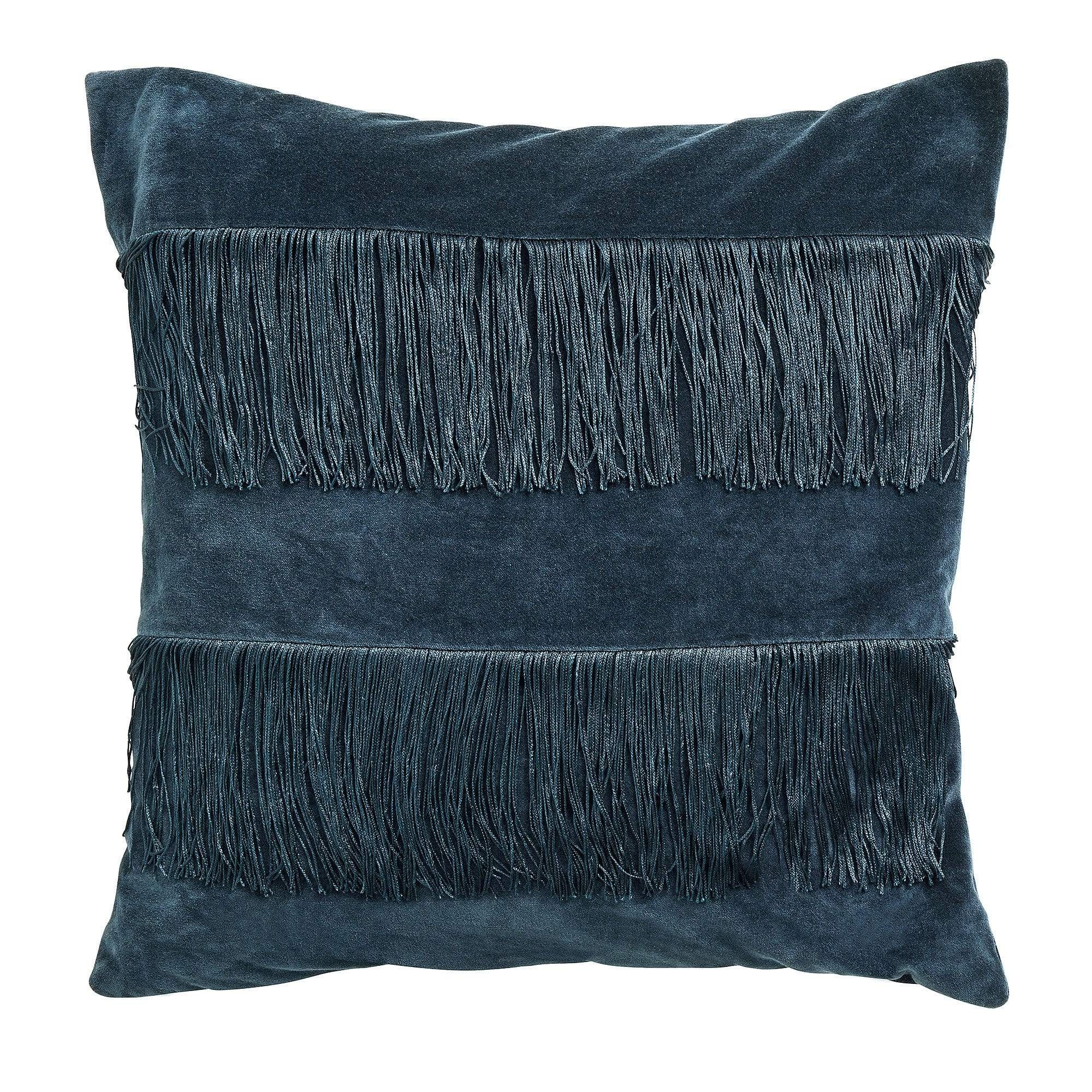 Blue Velvet Cushion Cover with Fringing