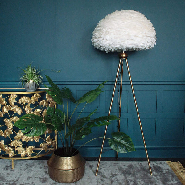 Brass Floor Lamp with White Feather Shade