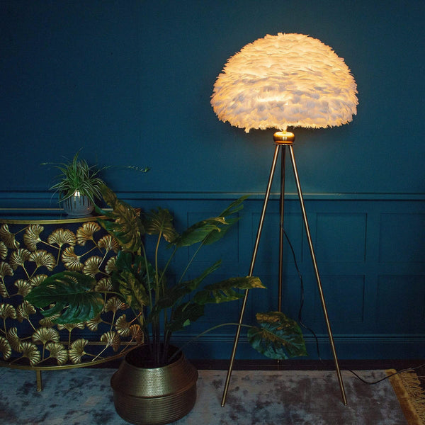 Brass Floor Lamp with White Feather Shade