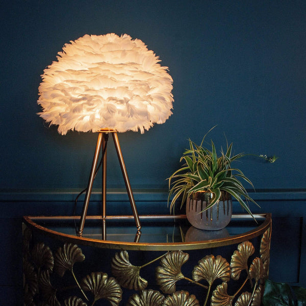 Brass Table Lamp with White Feather Shade