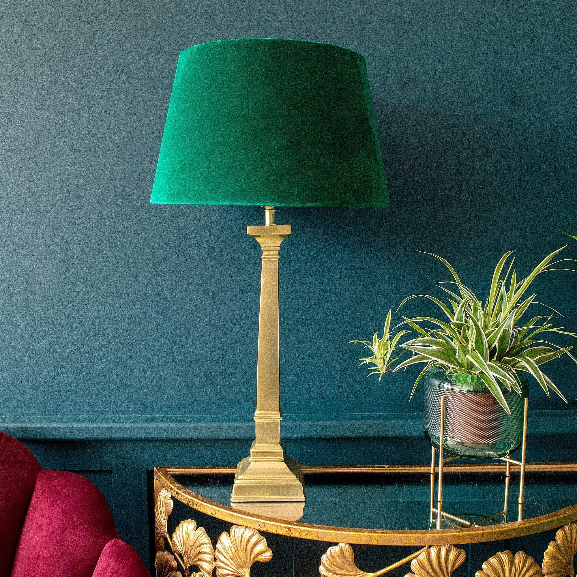 Elegant Brass Table Lamp | Green Velvet Shade