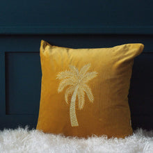 Load image into Gallery viewer, Embroidered Mustard Velvet Palm Tree Cushion