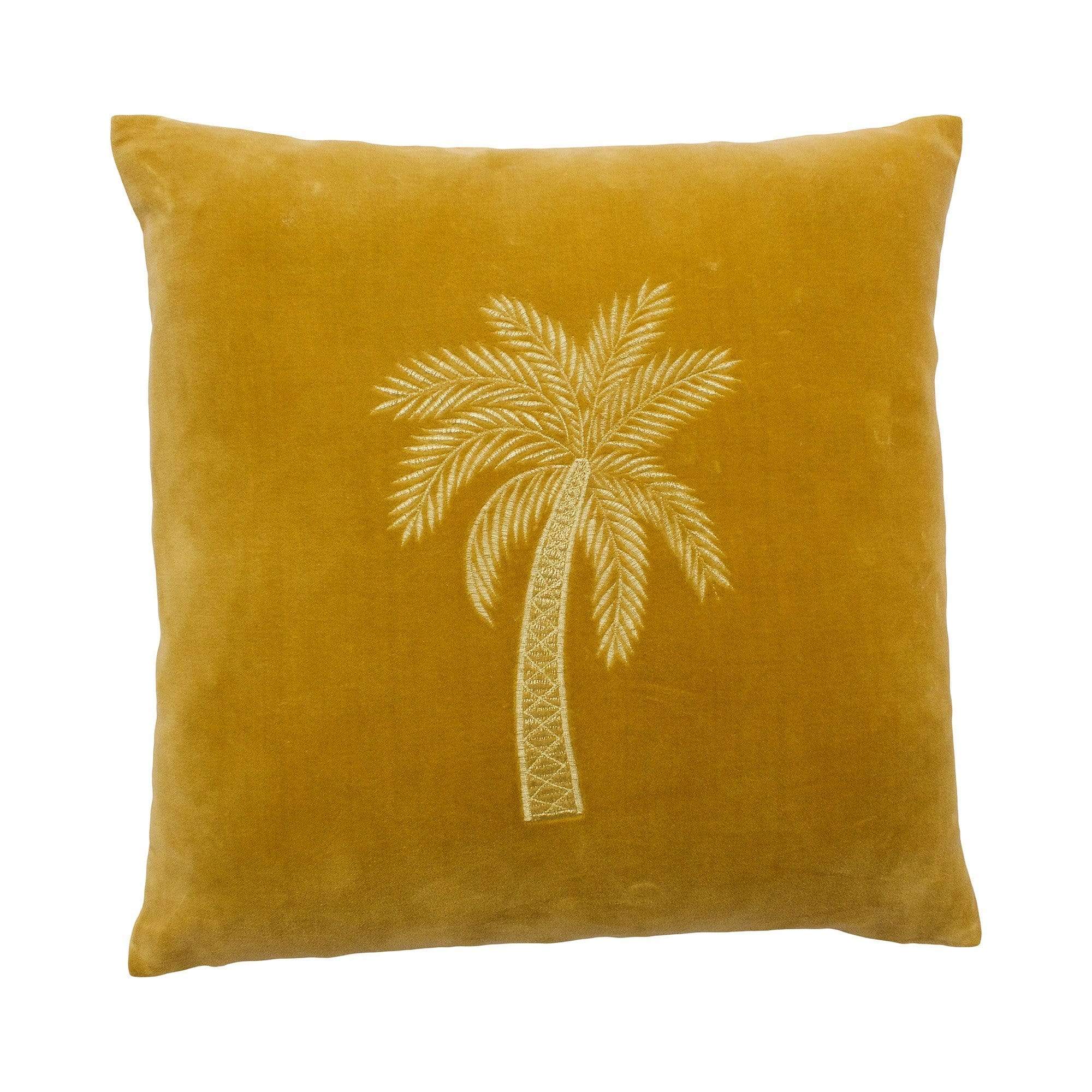 Embroidered Mustard Velvet Palm Tree Cushion