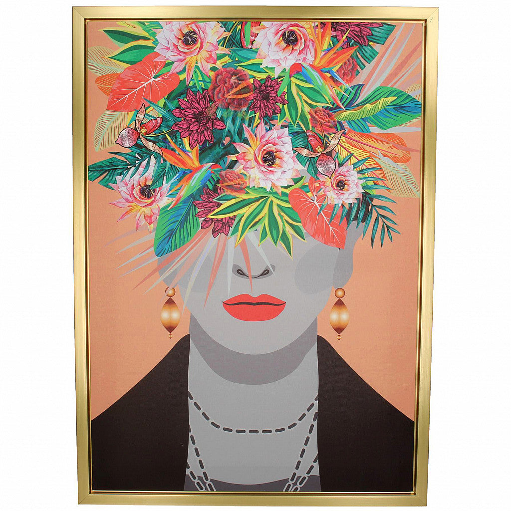 Frida Kahlo Style Flower Crown Canvas Art | Gold Frame 