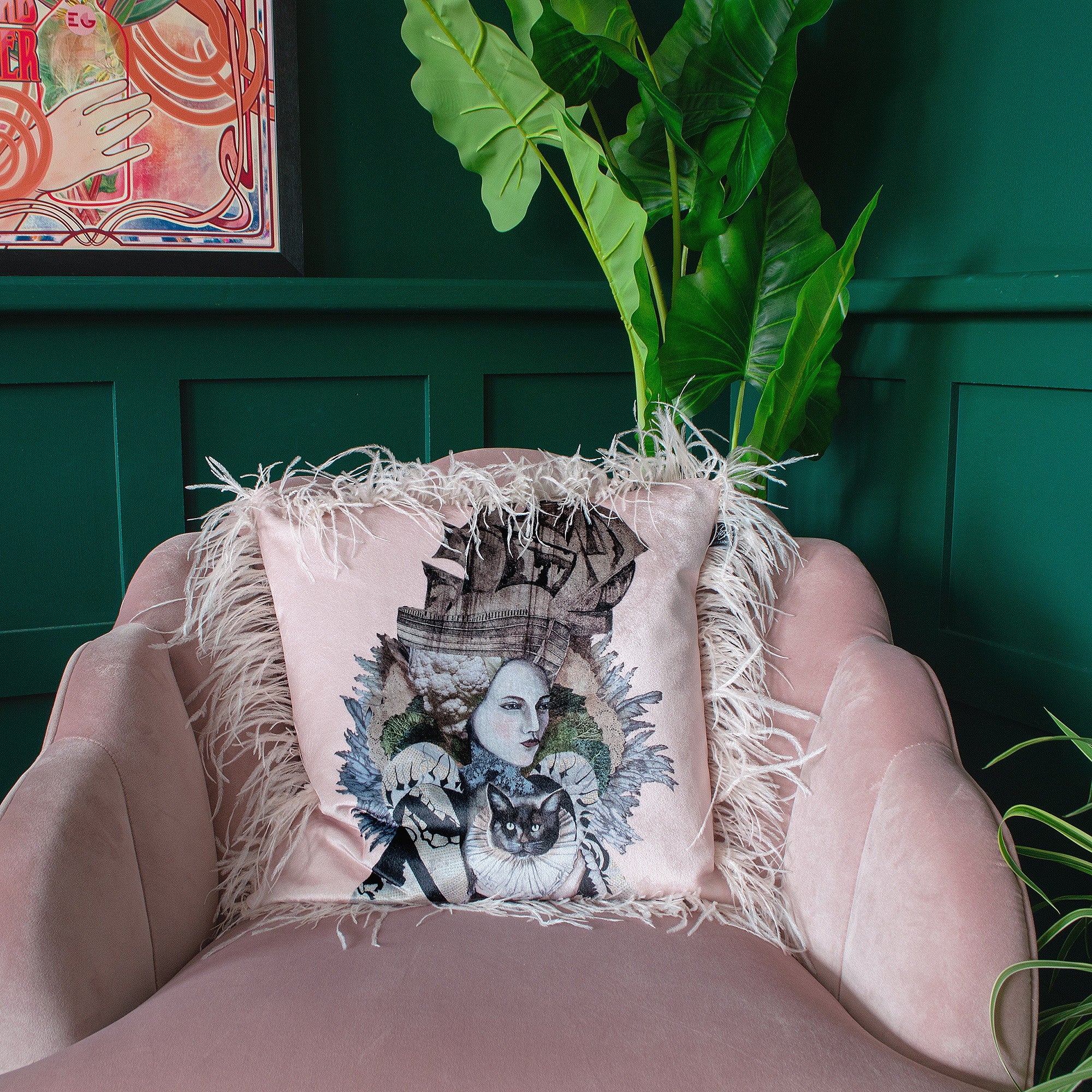 Ghost Ship Velvet Cushion | Pink Feather Trim 