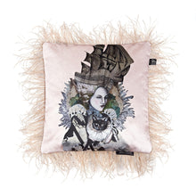 Load image into Gallery viewer, Ghost Ship Velvet Cushion | Pink Feather Trim 