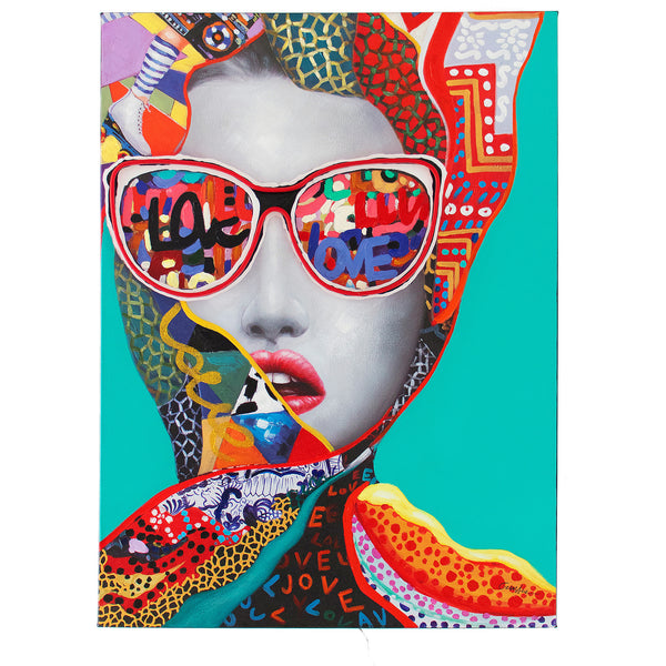 A colourful LED neon canvas artwork featuring a woman's face wearing large neon red sunglasses