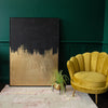 A yellow chair sits next to a plant pot and a gilded abstract canvas art