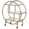 A stylish gold round drinks trolley with three glass shelves