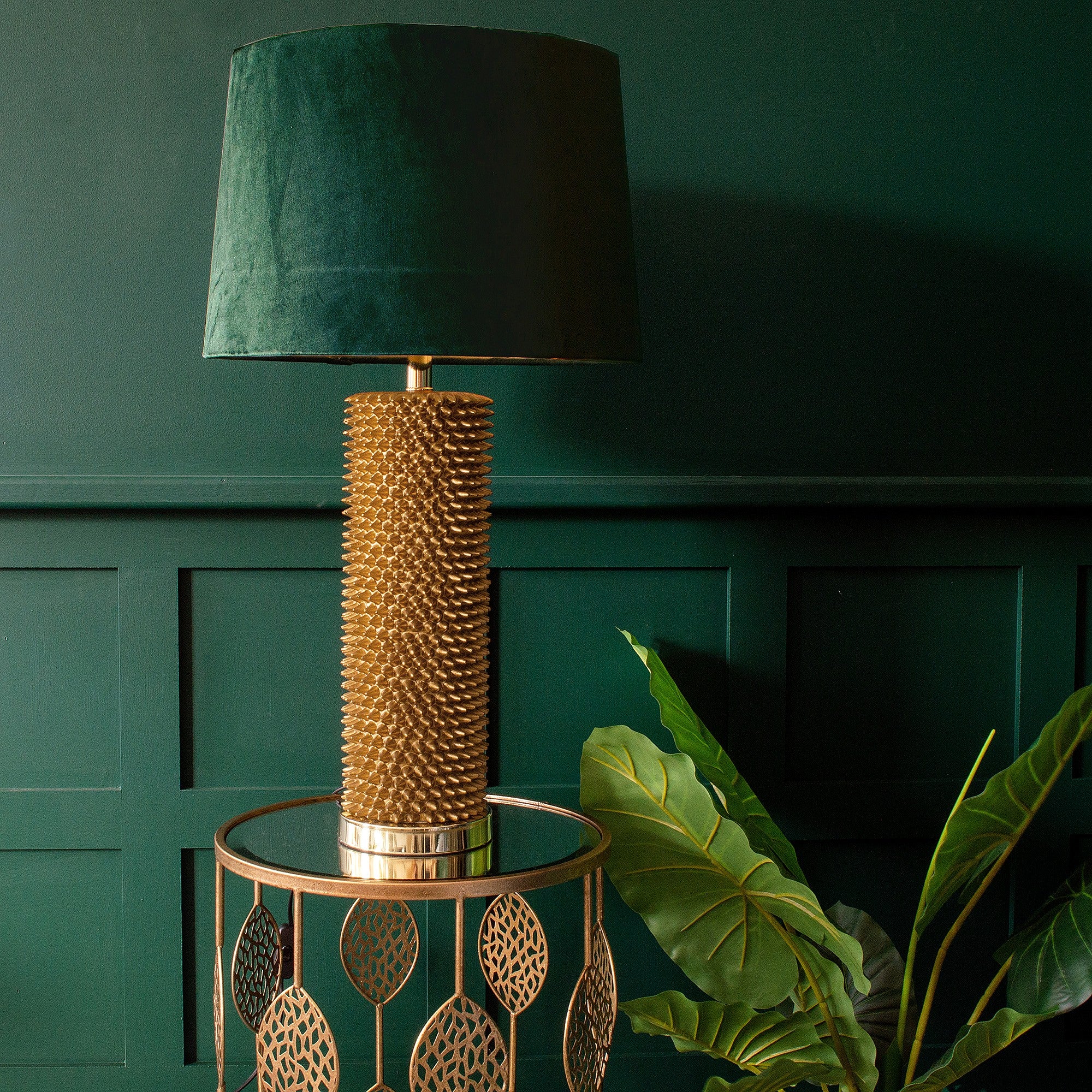 Gold Spikey Table Lamp | Emerald Velvet Shade 