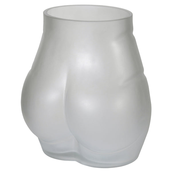 A curvy glass bum vase on a white background