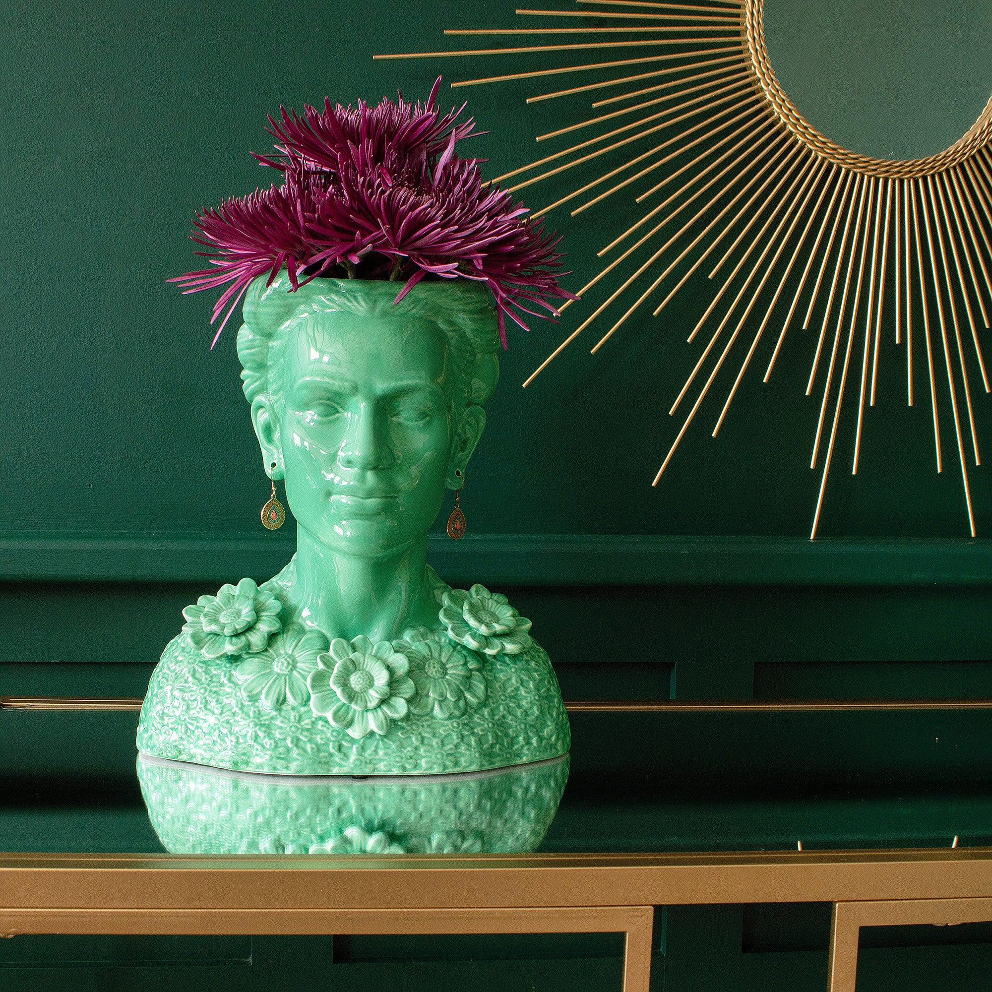 Large Frida Kahlo Inspired Green Bust Vase