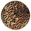 Close-up of a leopard print coaster with gold rim