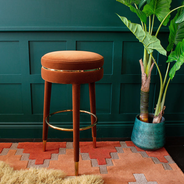 Luxurious Rust Velvet Bar Stool | Gold Tipped