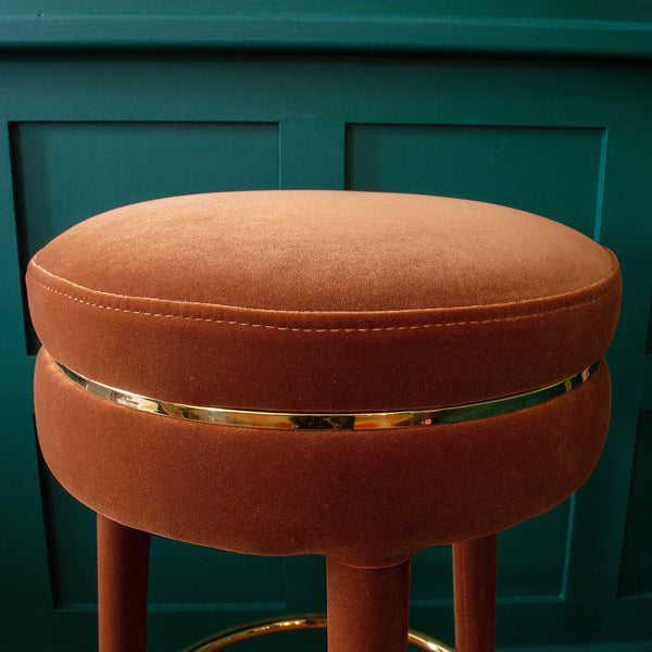 Luxurious Rust Velvet Bar Stool | Gold Tipped