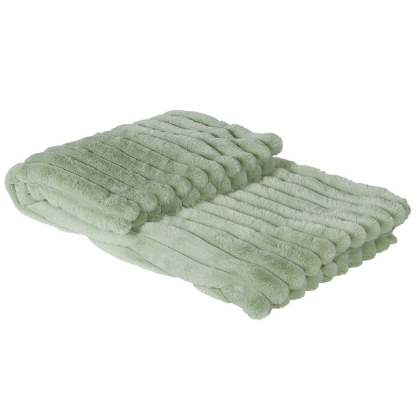 A mint green faux fur throw with a striped pattern on a white background