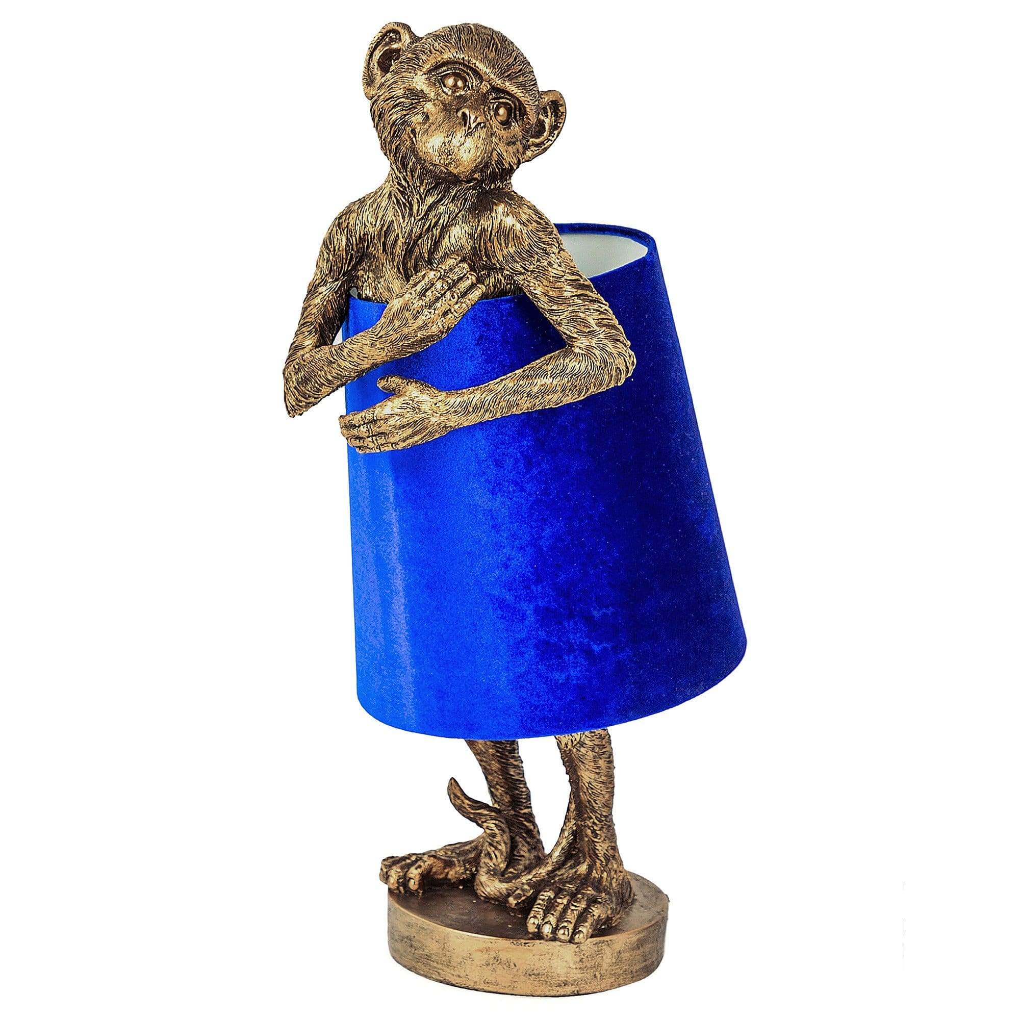Monkey Table Lamp with Blue Velvet Shade
