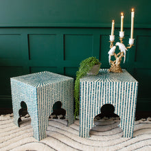 Load image into Gallery viewer, Moroccan Inspired Handmade Inlaid Blue Capiz Stools | Set of 2 