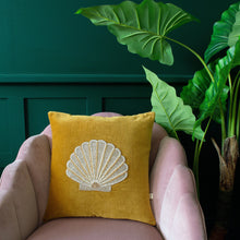 Load image into Gallery viewer, Mustard Velvet Beaded Shell Cushion