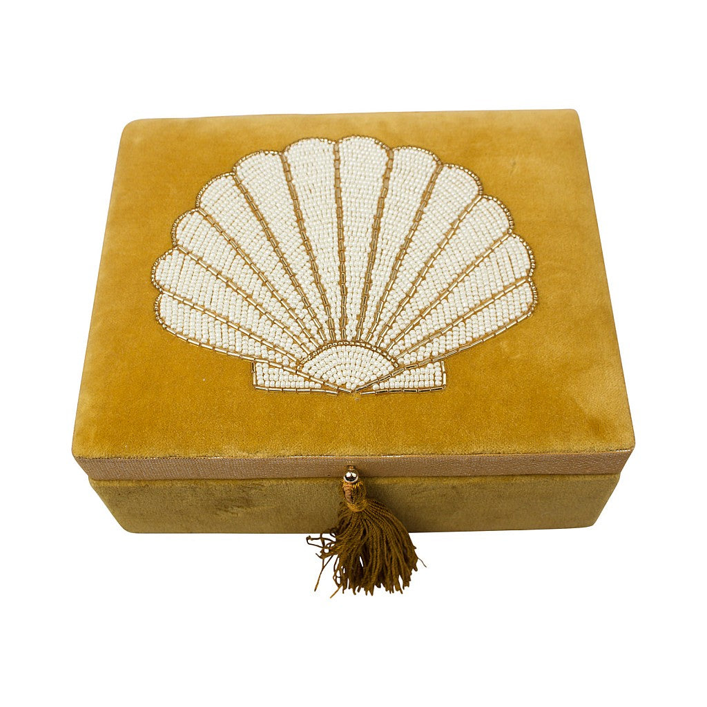 Mustard Velvet Beaded Shell Jewellery Box