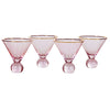 A set of four pink martini glasses with gold rims on a white background