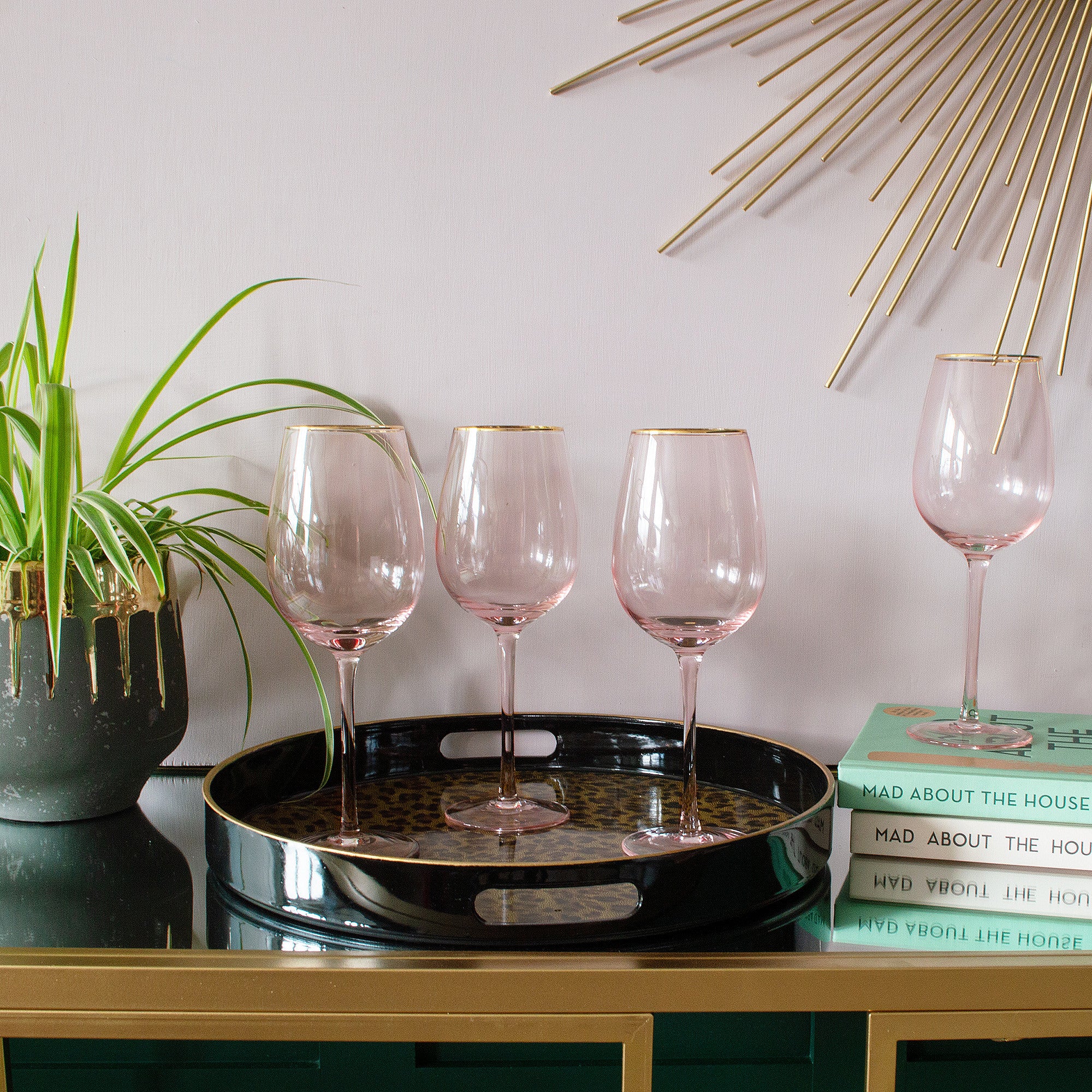 Pink Wine Glasses with Gold Rim | Set of 4