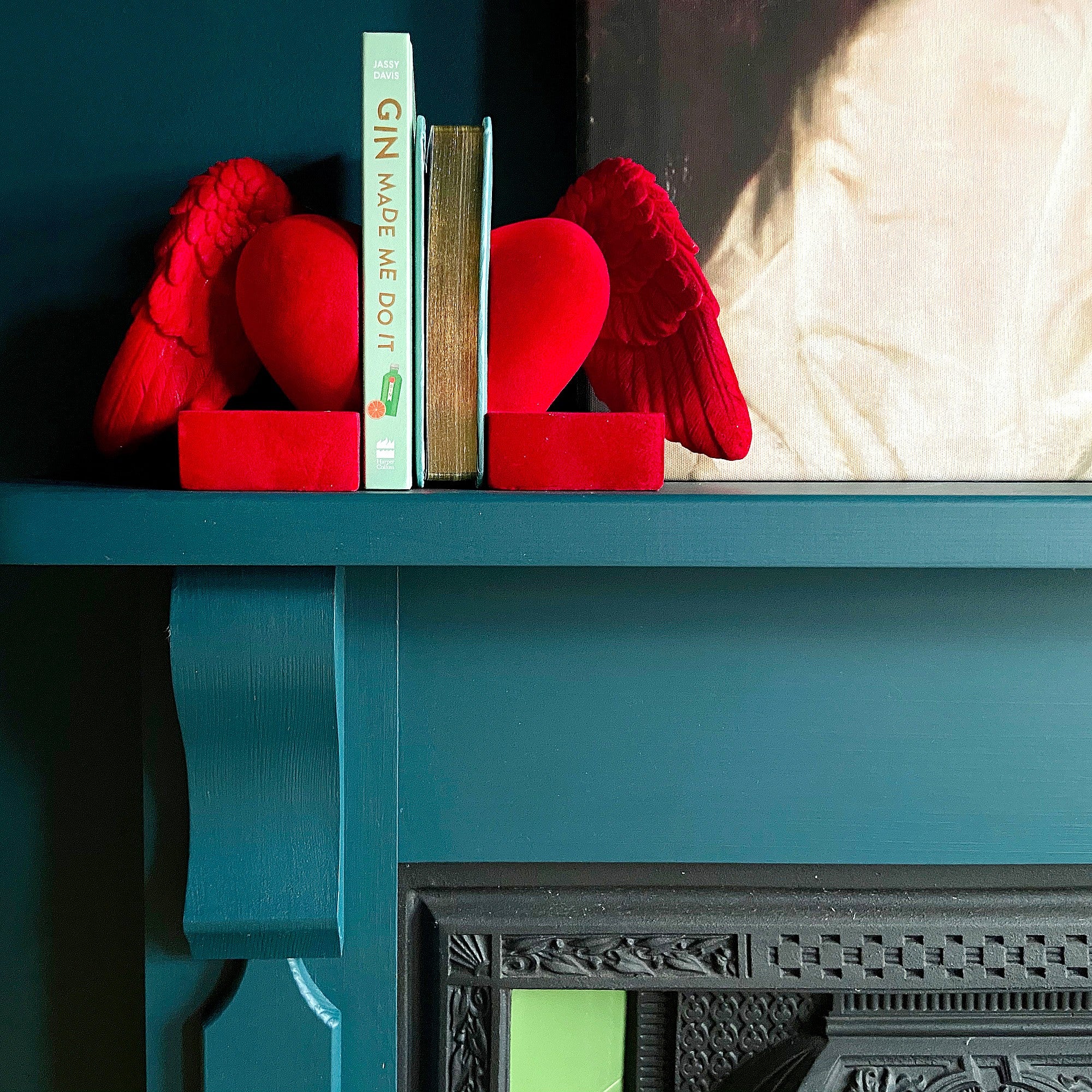 Red Flocked Heart Winged Bookends