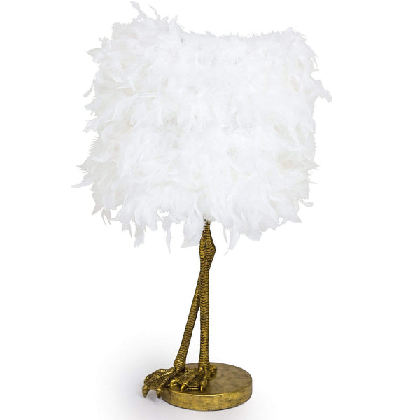 A white feather bird leg lamp on a white background